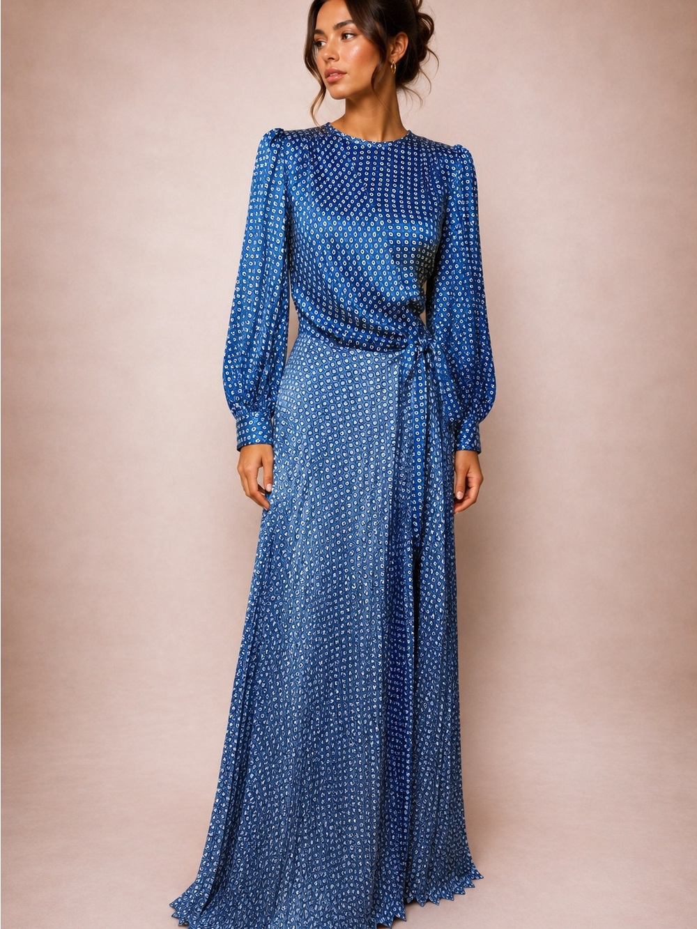 Sandro Blue Printed Long-Sleeve Maxi Dress